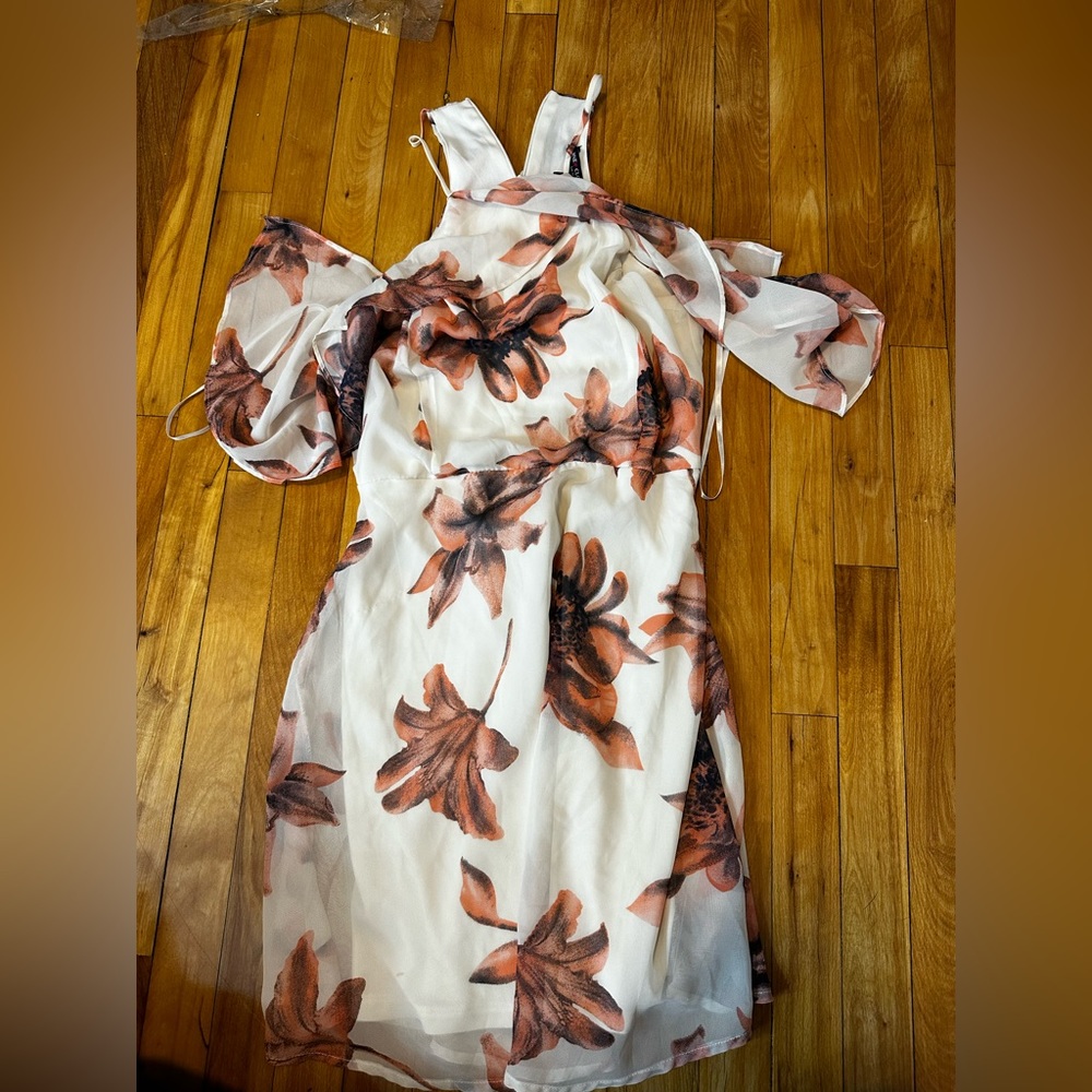 Floral print dress, sheer feeling with slip underneath. Shoulder cut outs
